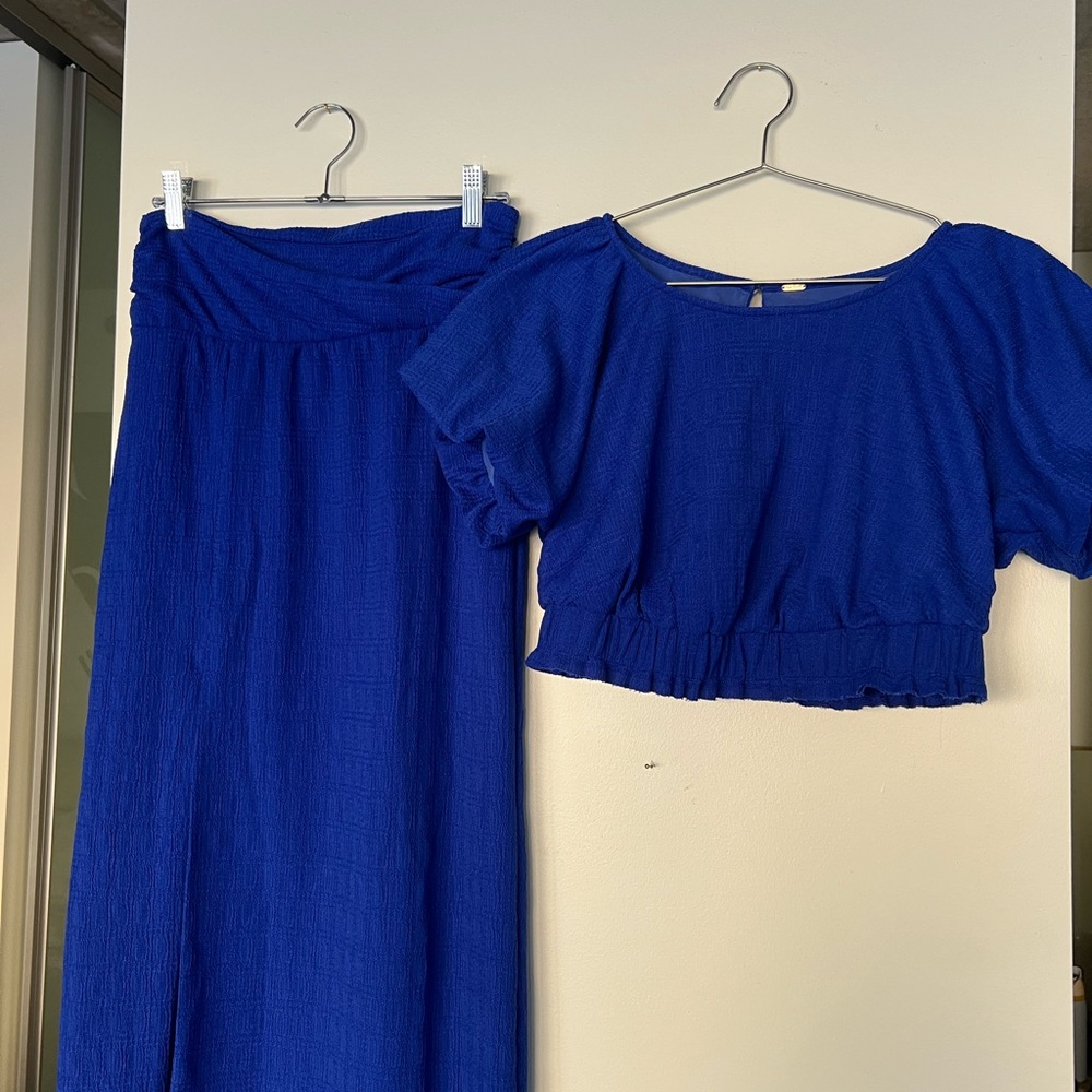 Free People Vibrant Blue Textured Skirt Set